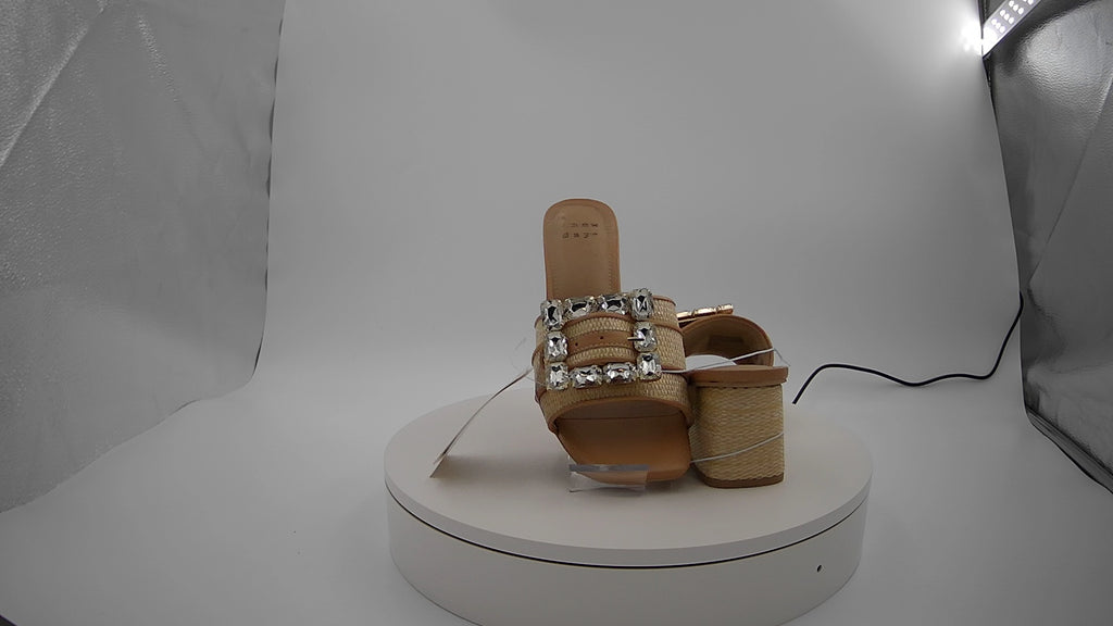 Women's Kathleen Raffia Buckle Block Heels - A New Day Beige 6: Slip-On Open Square Toe, Medium Width