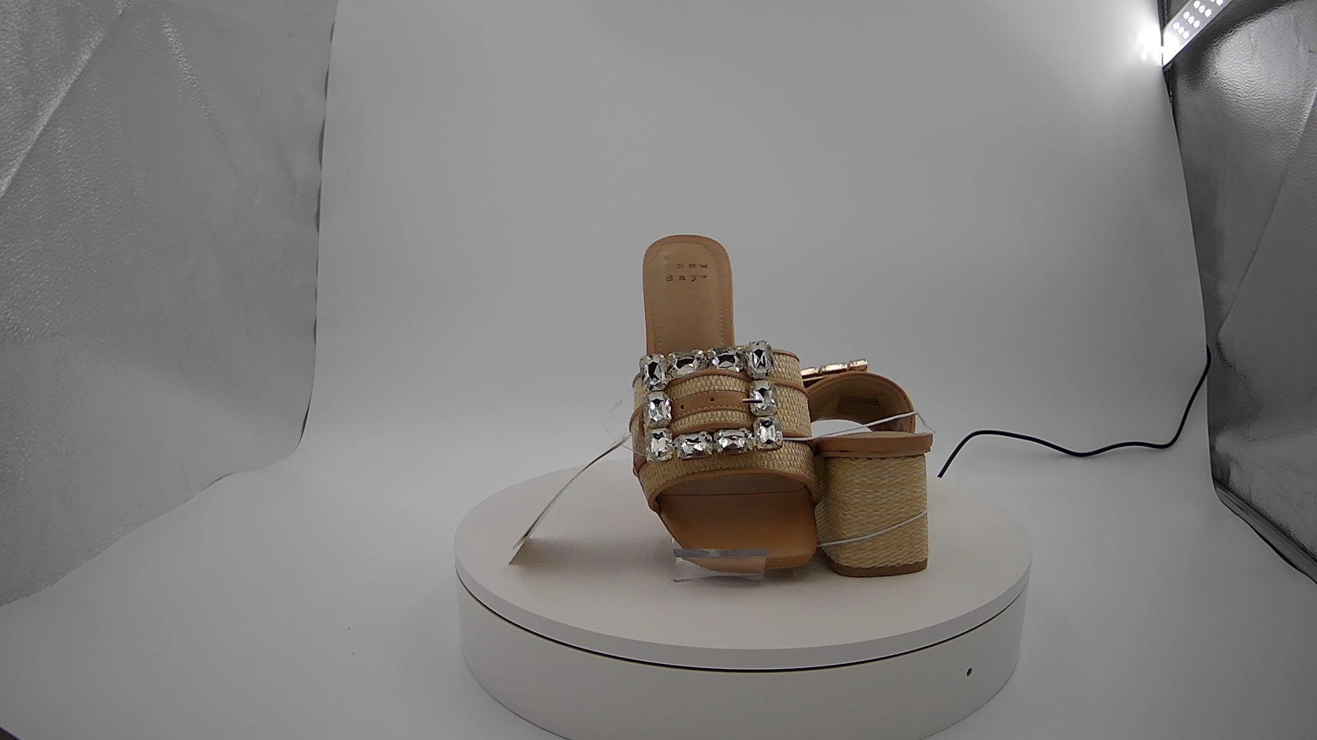 Women's Kathleen Raffia Buckle Block Heels - A New Day Beige 6: Slip-On Open Square Toe, Medium Width