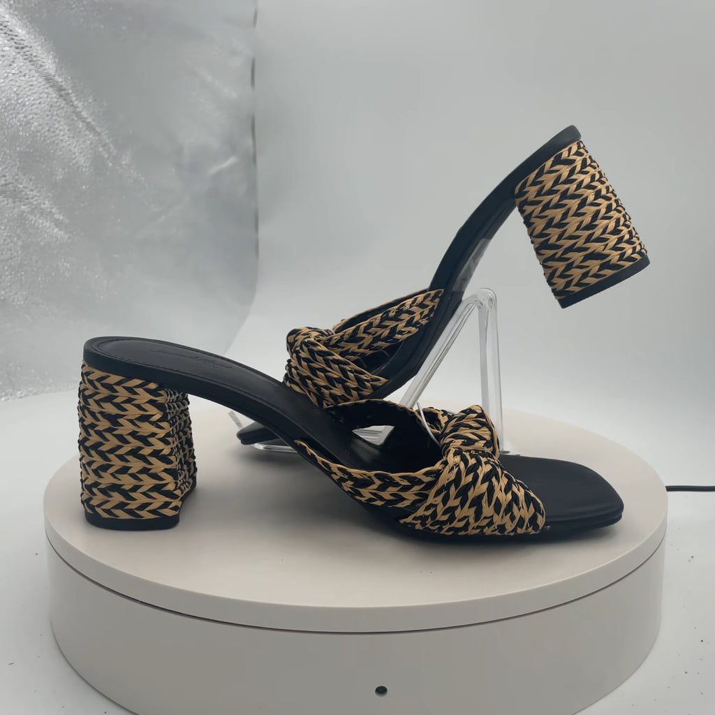 Women's Aaliyah Raffia Strappy Knot Sandal Heels - Universal Thread Black 8: Open Square Toe, Block Heel