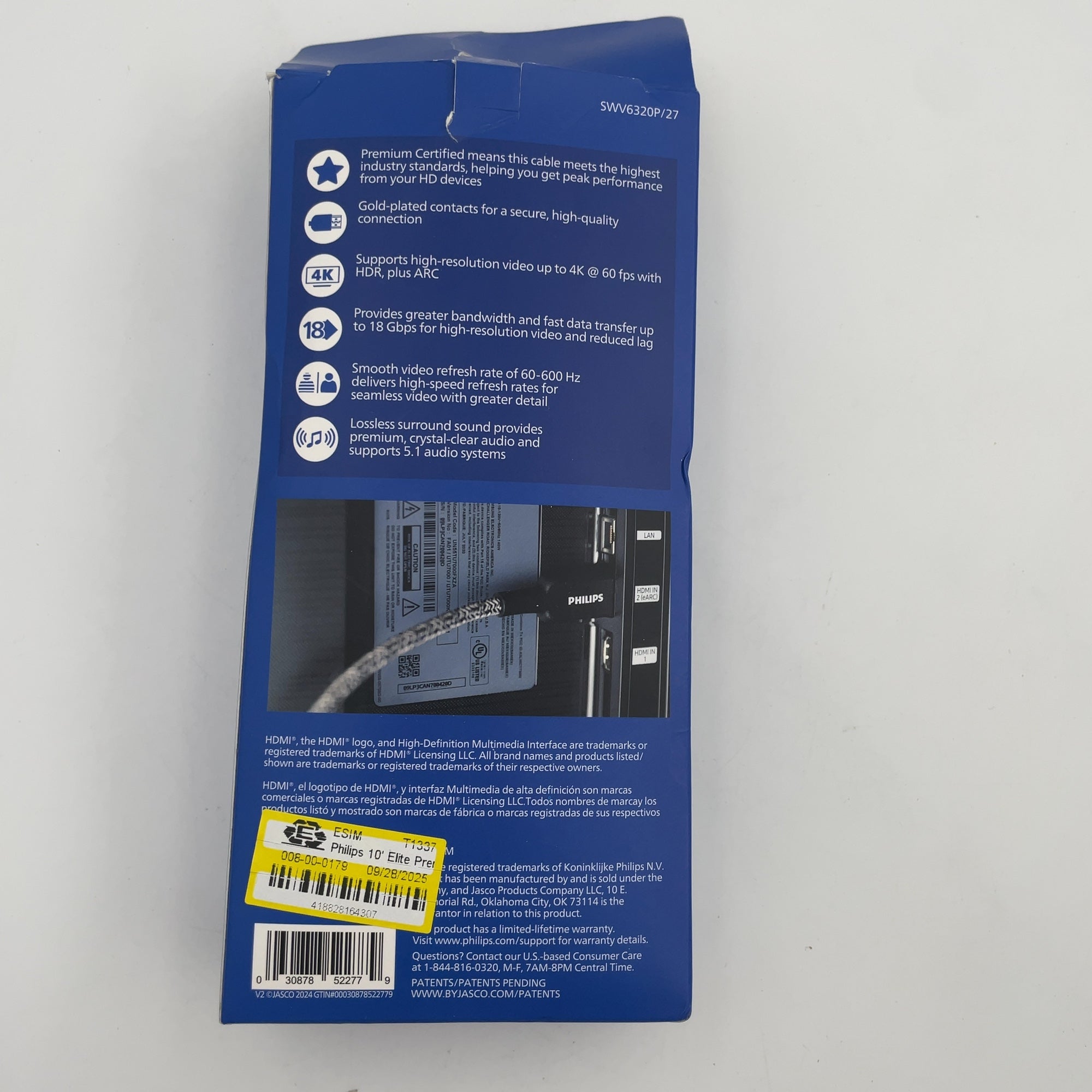 Philips 10' Elite Premium High-Speed Hdmi Cable With Ethernet, 4K@60Hz - Braided: Male-To-Male Av Cord