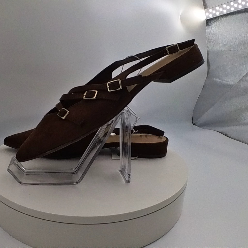 Women's Twiggy Multi Buckle Mini Heel Flats With Memory Foam Insole - A New Day Brown 8: Faux Suede, Pointed Toe - Like New U001