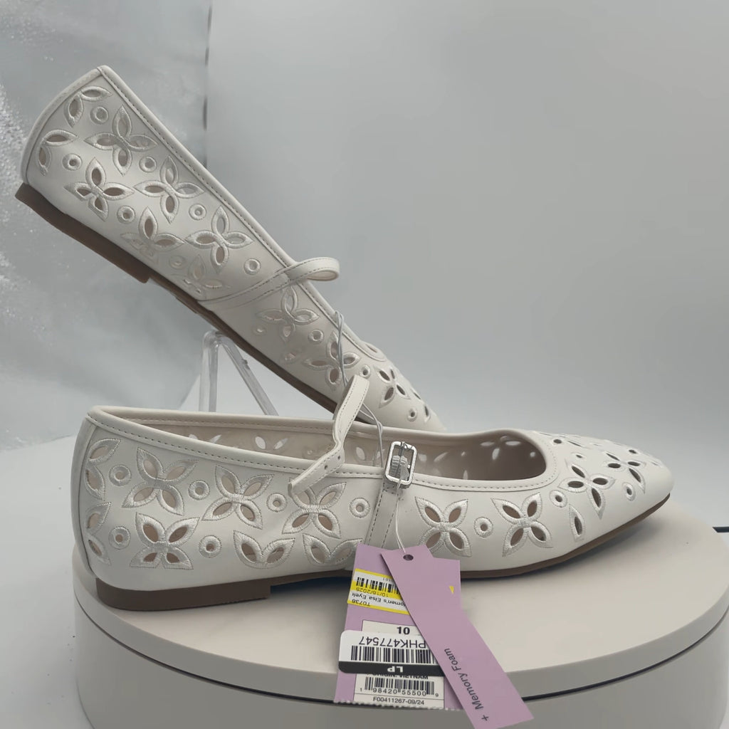 Women's Elsa Eyelet Mary Jane Ballet Flats With Memory Foam Insole - Wild Fable White 10: Faux Leather, Buckle Closure, Textured Outsole