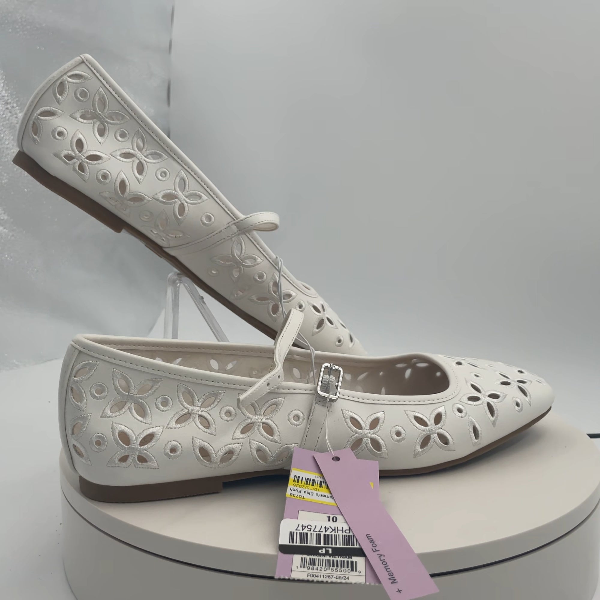 Women's Elsa Eyelet Mary Jane Ballet Flats With Memory Foam Insole - Wild Fable White 10: Faux Leather, Buckle Closure, Textured Outsole