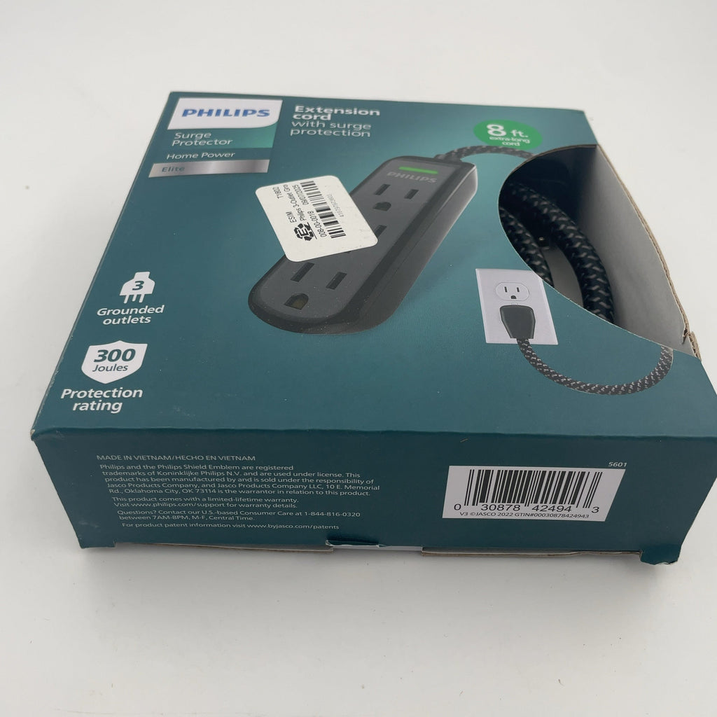Philips 8' 3-Outlet Grounded Extension Cord - Black: 13 Amps, 14 Awg Wire Gauge