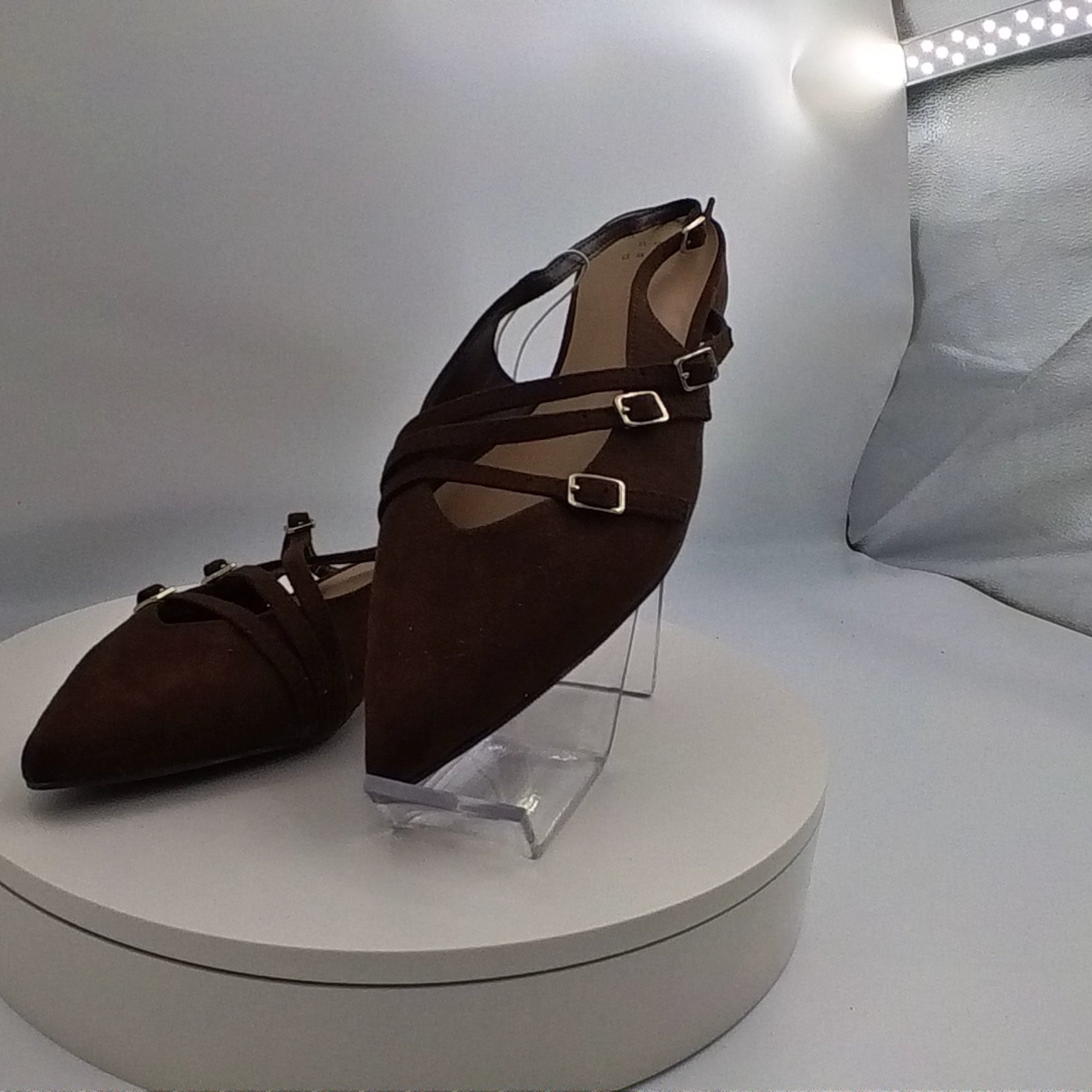 Women's Twiggy Multi Buckle Mini Heel Flats With Memory Foam Insole - A New Day Brown 8: Faux Suede, Pointed Toe - Like New U001