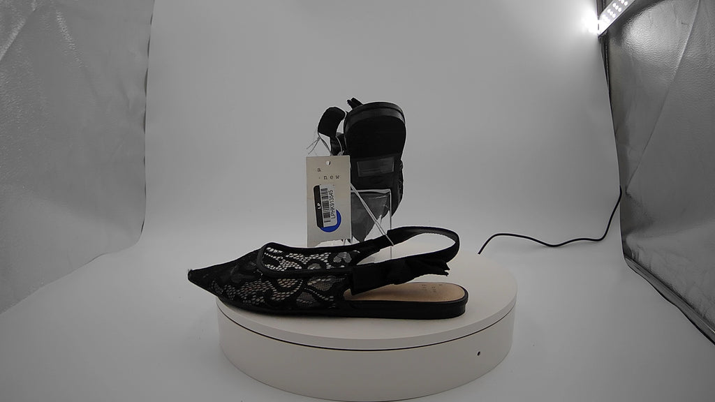 Women's London Lace Sling Back Bow Flats - A New Day Black 7: Cushioned Insole, Pointed Toe