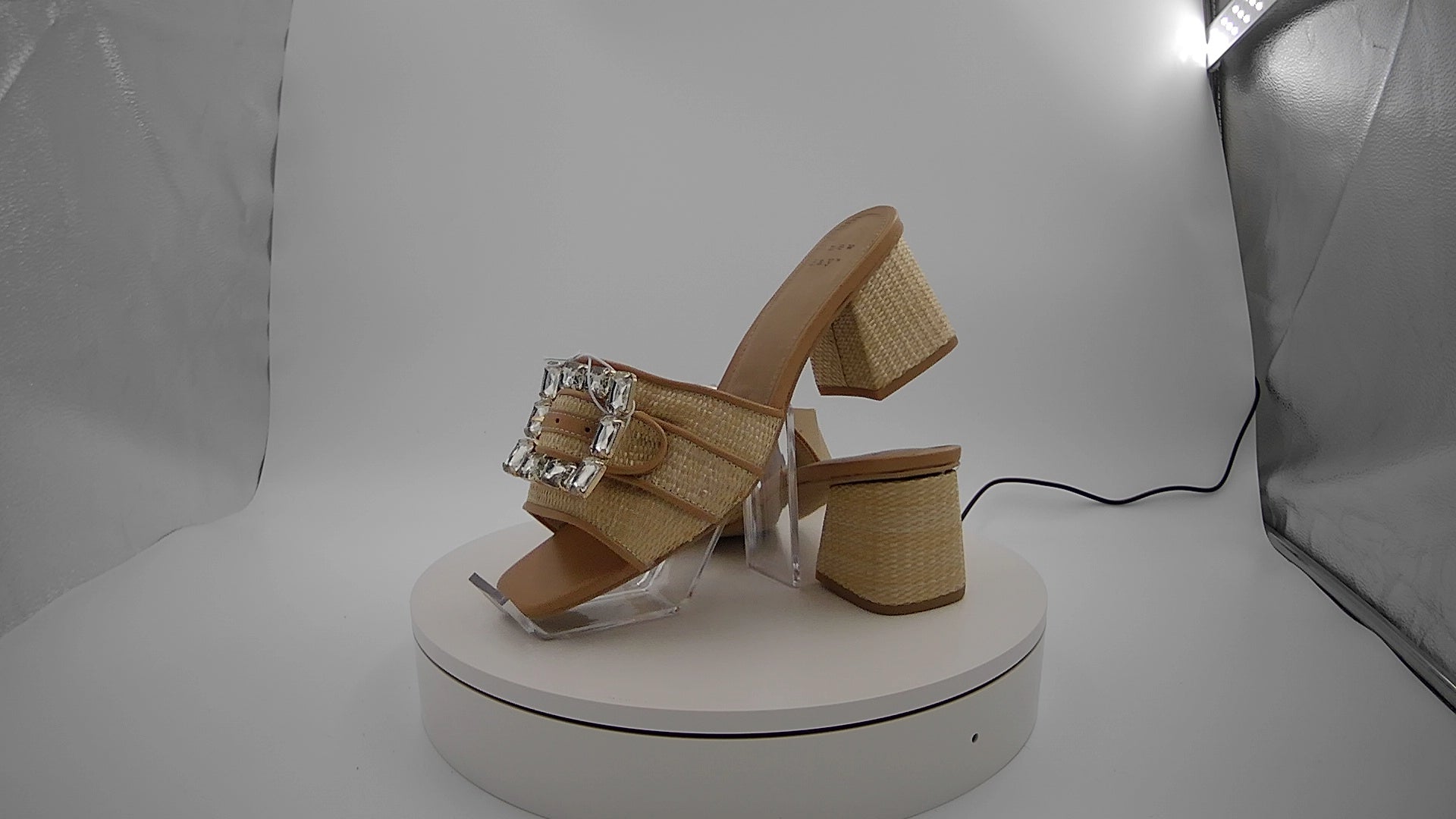 Women's Kathleen Raffia Buckle Block Heels - A New Day Beige 9.5: Slip-On Open Square Toe, Medium Width