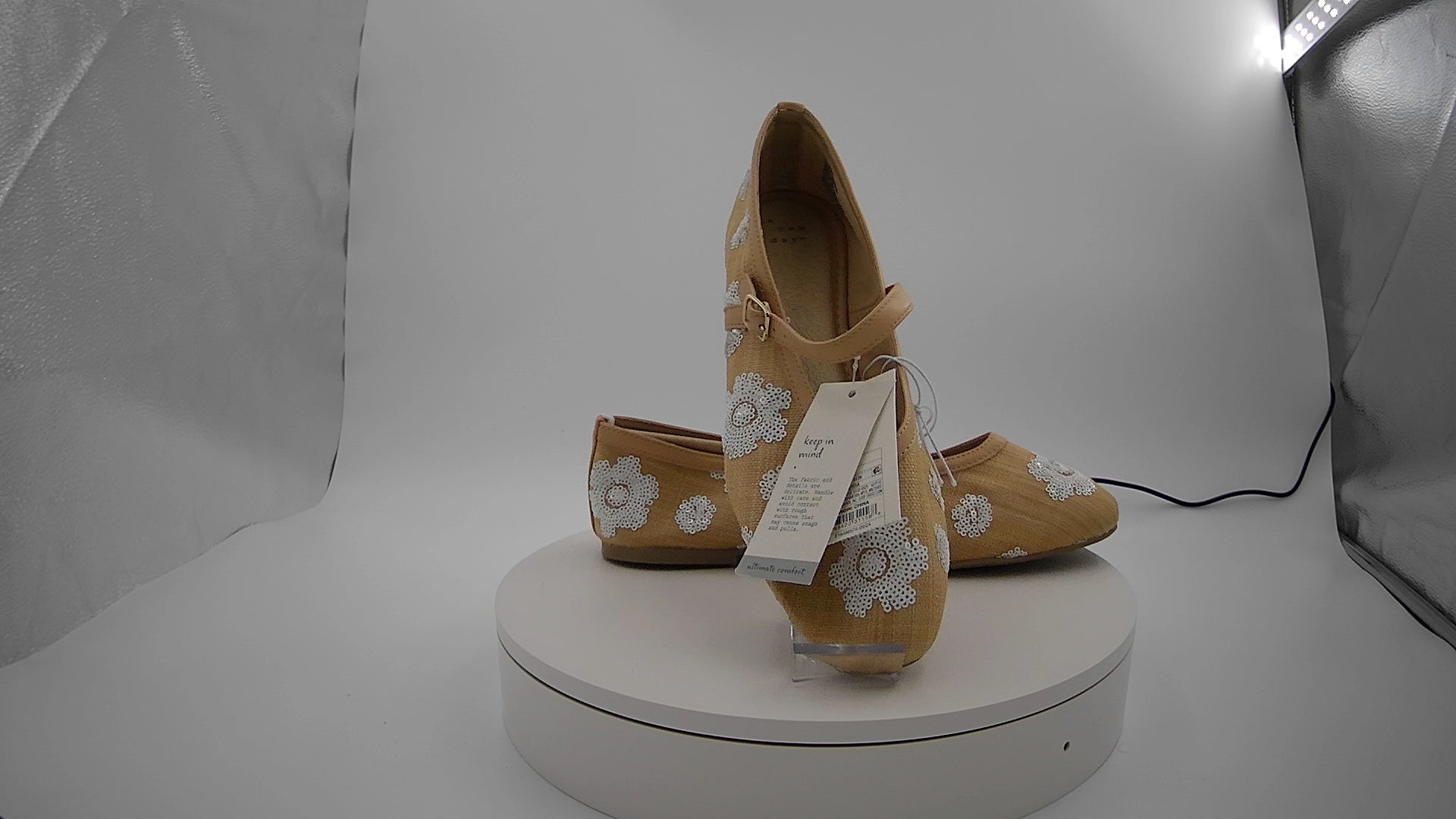 Women's Issa Raffia Floral Sequin Mary Jane Ballet Flat with Memory Foam Insole - A New Day Tan 11: Medium Width, Pull-On Style