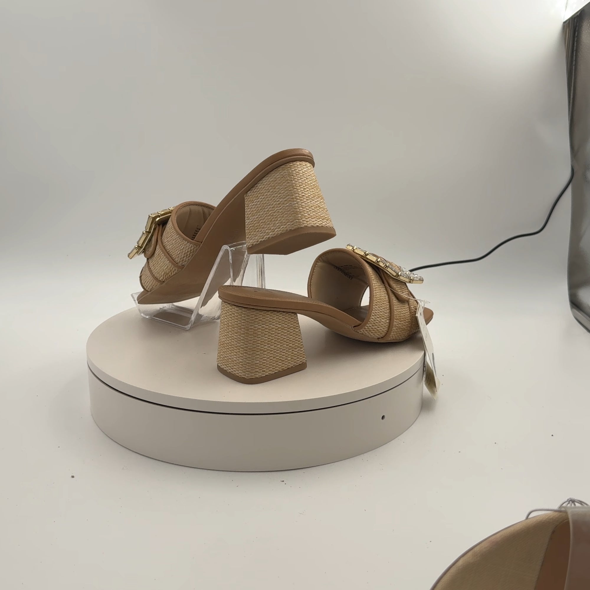 Women's Kathleen Raffia Buckle Block Heels - A New Day Beige 9: Slip-On Open Square Toe, Medium Width