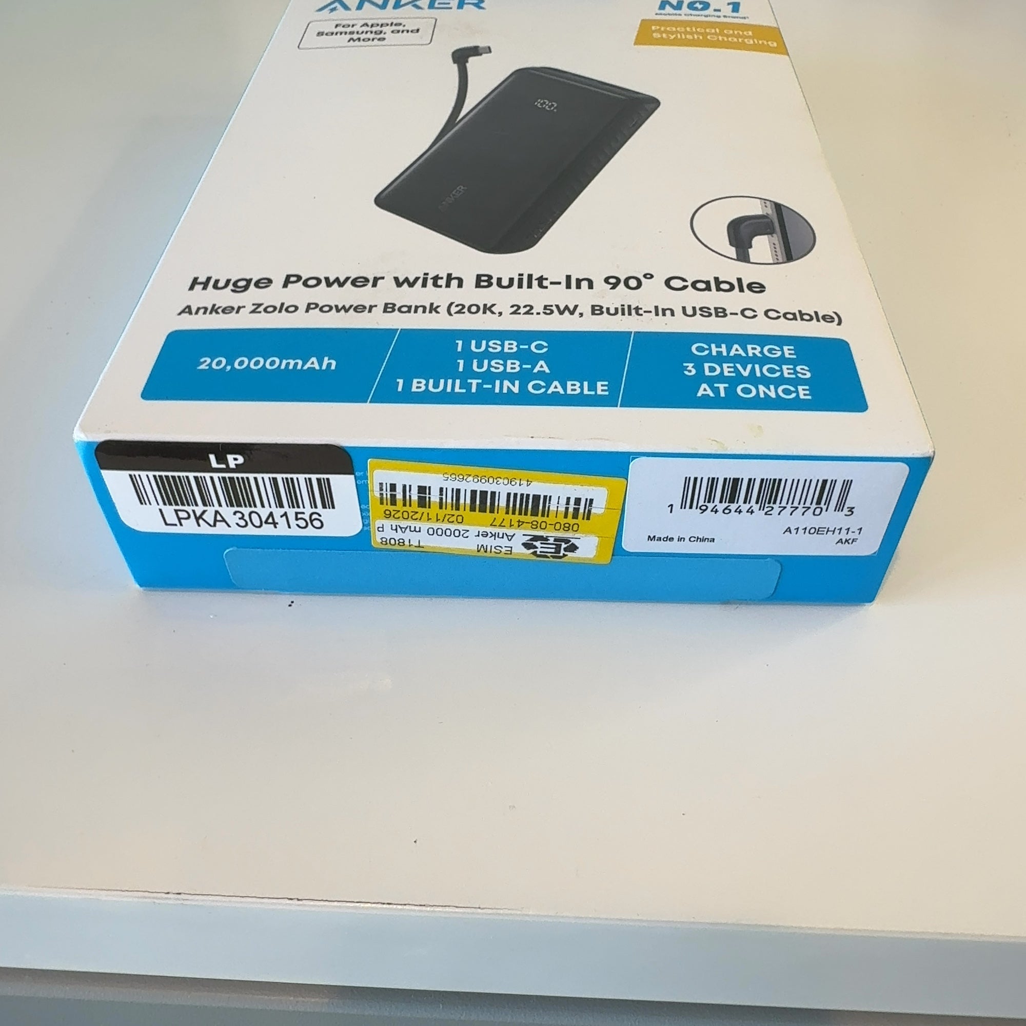 Anker 20000 Mah Power Delivery 22.5W Built In C Cable