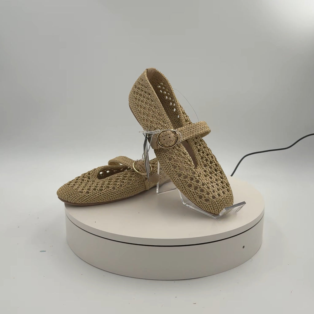 Women's Sia Knit Woven Mary Jane Flats - Universal Thread Beige 6.5: Cushioned Insole, Buckle Closure