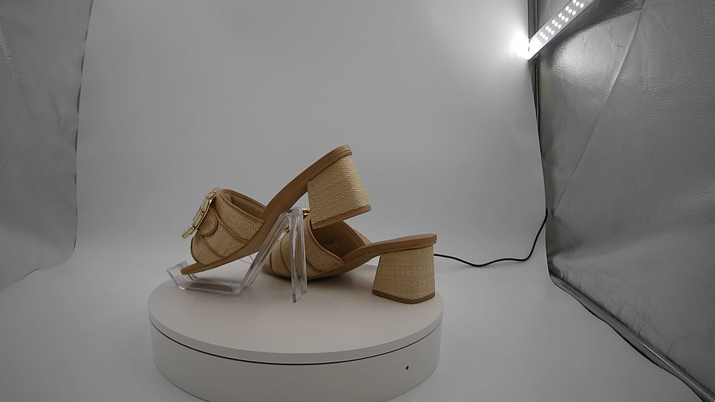 Women's Kathleen Raffia Buckle Block Heels - A New Day Beige 6.5: Slip-On Open Square Toe, Medium Width, Textured Outsole