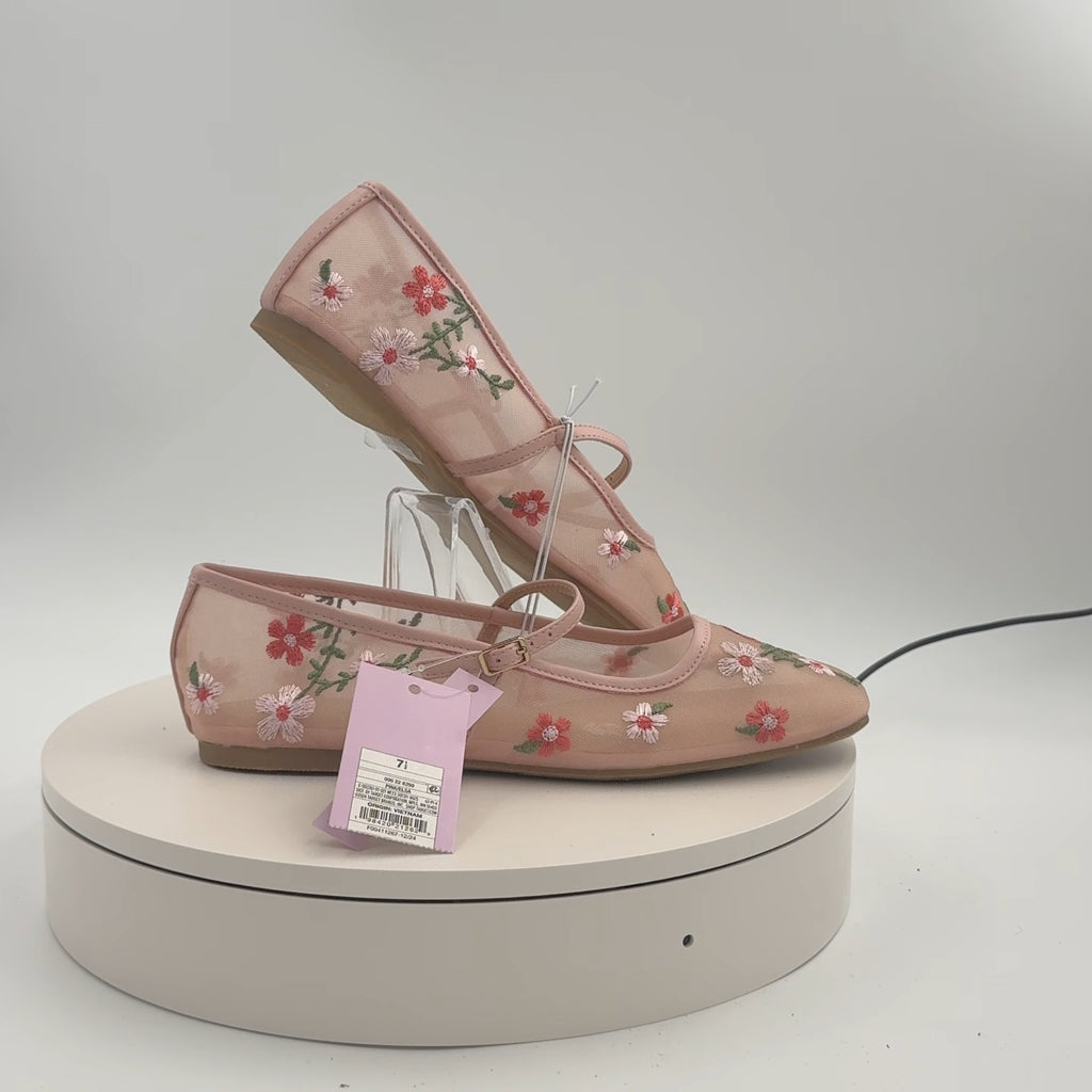 Women's Elsa Floral Mesh Mary Jane Flats - Wild Fable Pink 7.5: Buckle Closure, Memory Foam Insole, Textured Outsole