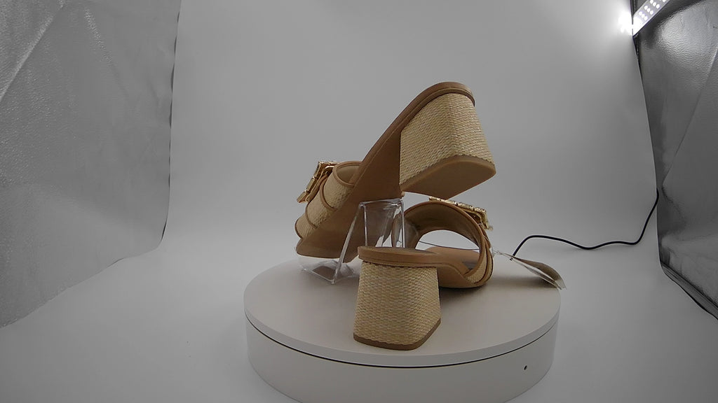 Women's Kathleen Raffia Buckle Block Heels - A New Day Beige 11: Slip On, Open Square Toe, Medium Width