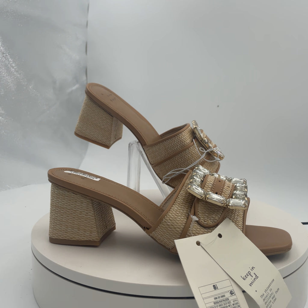 Women's Kathleen Raffia Buckle Block Heels - A New Day Beige 8.5: Slip-On Open Square Toe Pumps