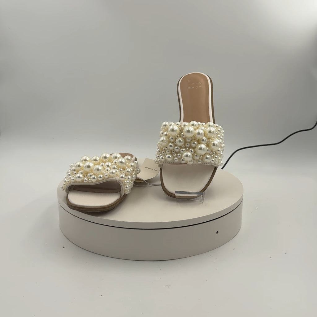 Women's Nylah Pearl Slide Sandals - A New Day Cream 9.5: Open Toe, Memory Foam Insole, Textured Tpr Outsole, Faux Leather
