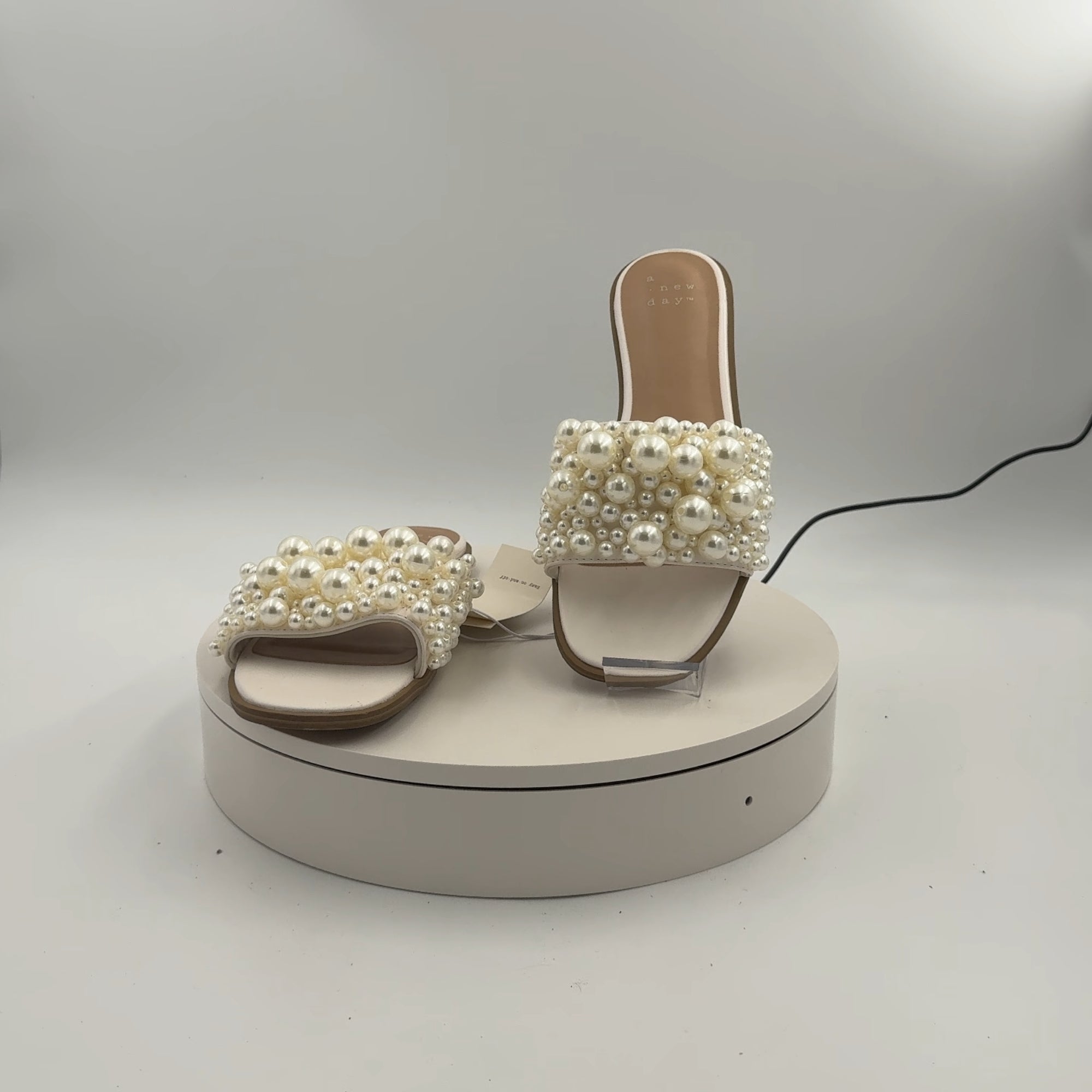 Women's Nylah Pearl Slide Sandals - A New Day Cream 9.5: Open Toe, Memory Foam Insole, Textured Tpr Outsole, Faux Leather