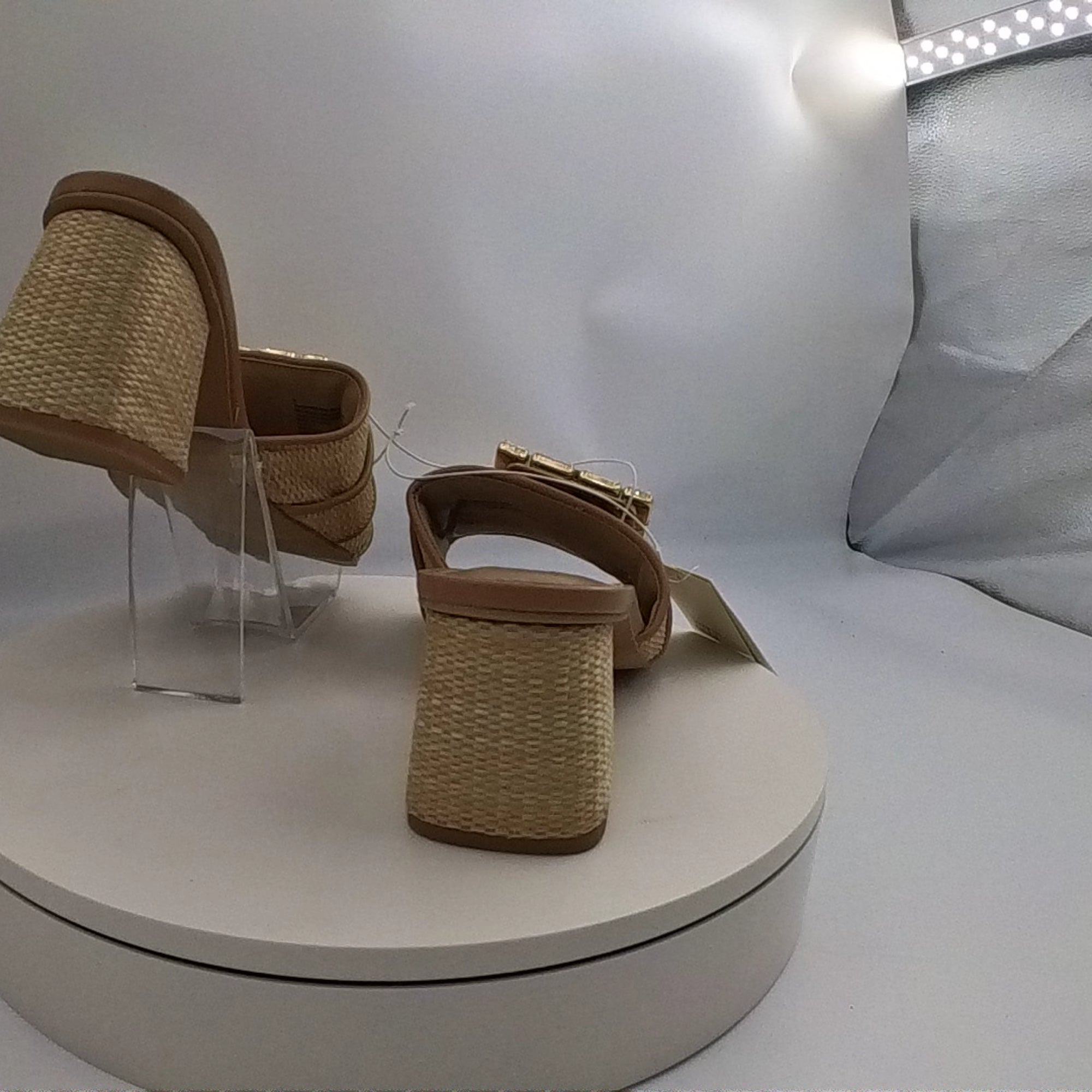 Women's Kathleen Raffia Buckle Block Heels - A New Day Beige 9: Slip-On Open Square Toe, Medium Width - Used Good U001