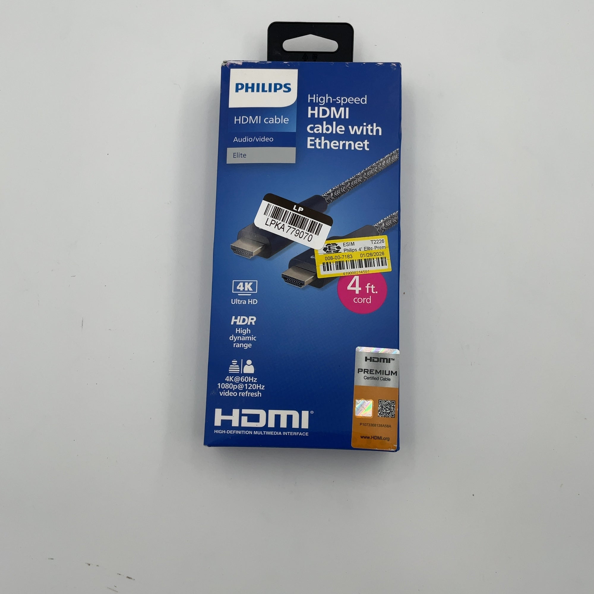 Philips 4' Elite Premium High-Speed Hdmi Cable With Ethernet, 4K@60Hz - Braided: Male-To-Male Connections
