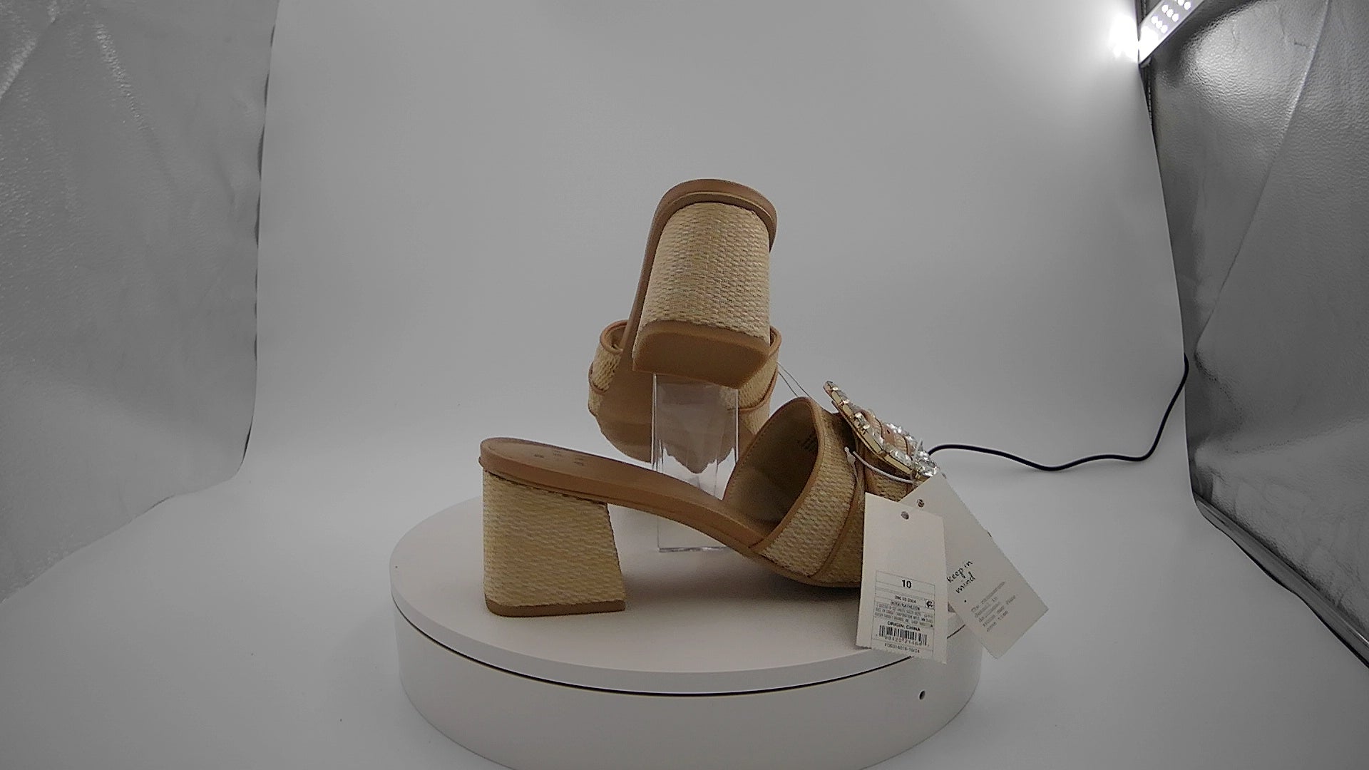 Women's Kathleen Raffia Buckle Block Heels - A New Day Beige 10: Slip-On Open Square Toe, Medium Width, Textured Outsole
