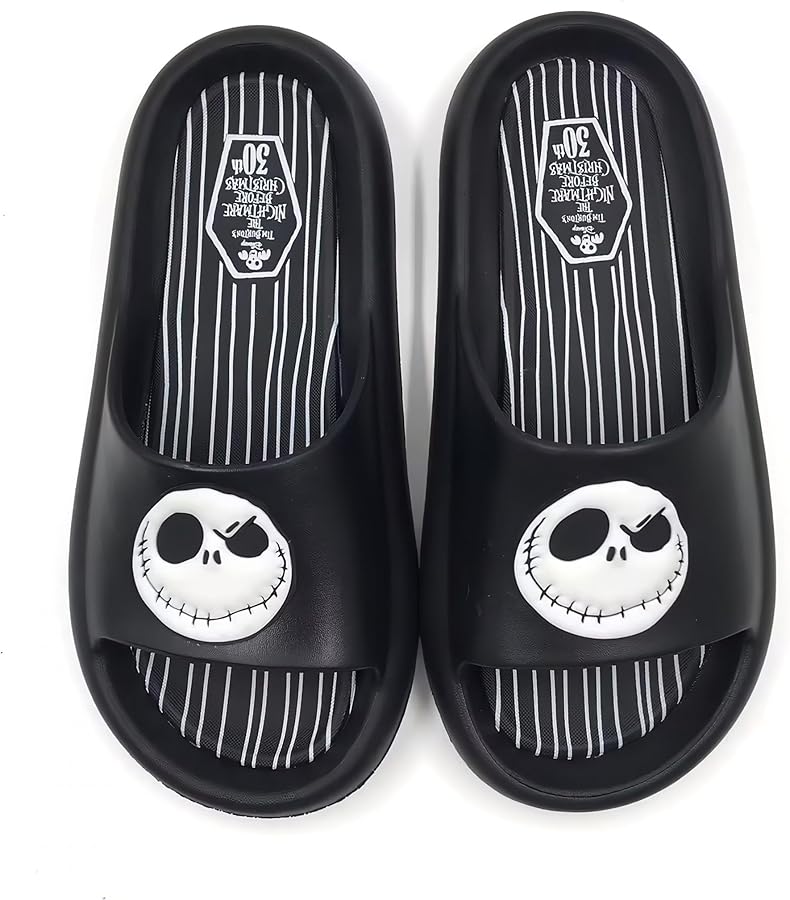 Men's Jack Skellington Nightmare Before Christmas Slides - Black 7: Disney Licensed, Open Toe, Slip On, Textured Outsole