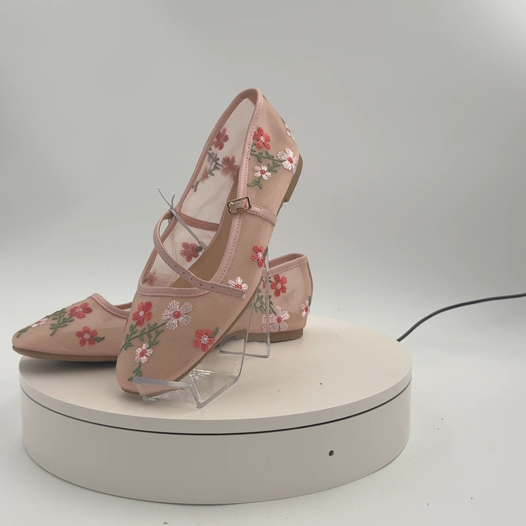 Women's Elsa Floral Mesh Mary Jane Flats - Wild Fable Pink 7.5: Buckle Closure, Memory Foam Insole, Textured Outsole