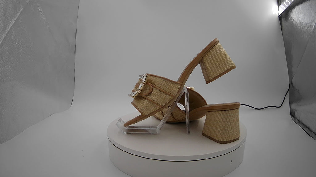 Women's Kathleen Raffia Buckle Block Heels - A New Day Beige 11: Slip On, Open Square Toe, Medium Width