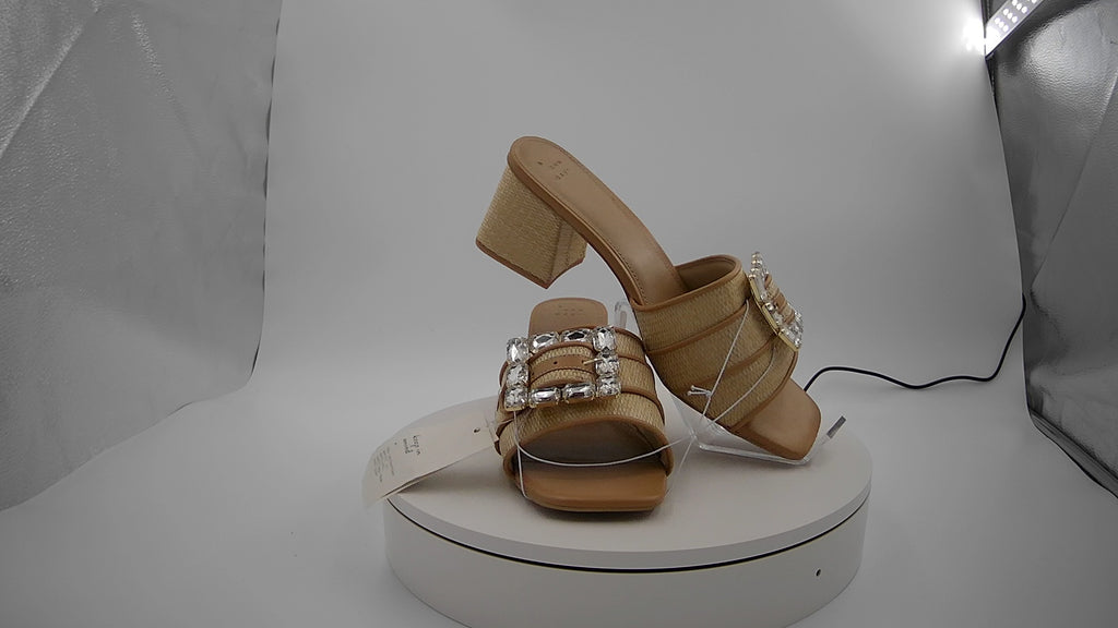 Women's Kathleen Raffia Buckle Block Heels - A New Day Beige 11: Slip On, Open Square Toe, Medium Width