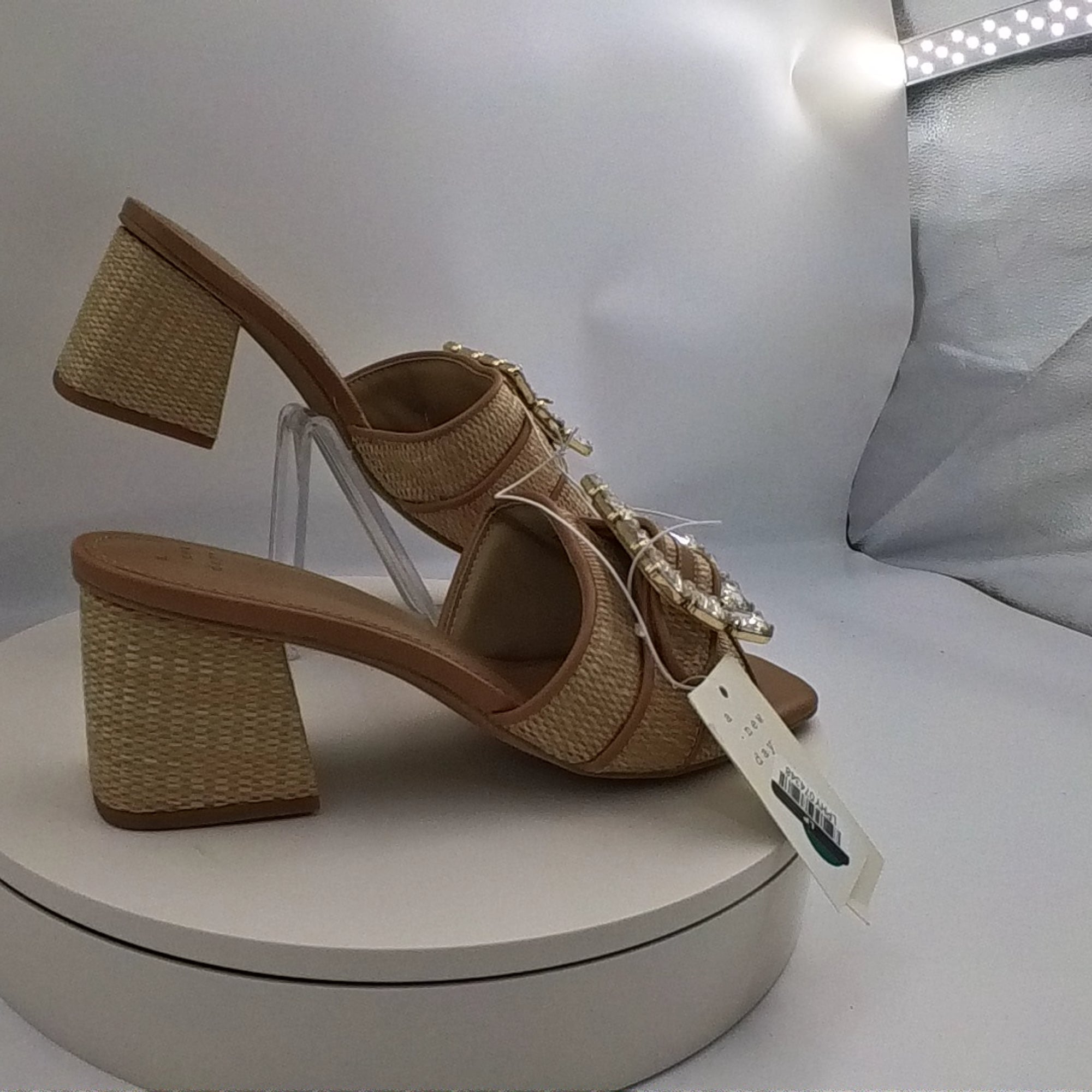 Women's Kathleen Raffia Buckle Block Heels - A New Day Beige 9: Slip-On Open Square Toe, Medium Width - Used Good U001