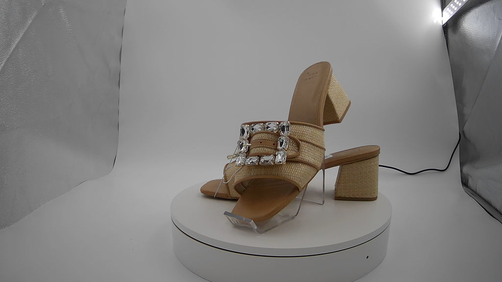 Women's Kathleen Raffia Buckle Block Heels - A New Day Beige 11: Slip On, Open Square Toe, Medium Width