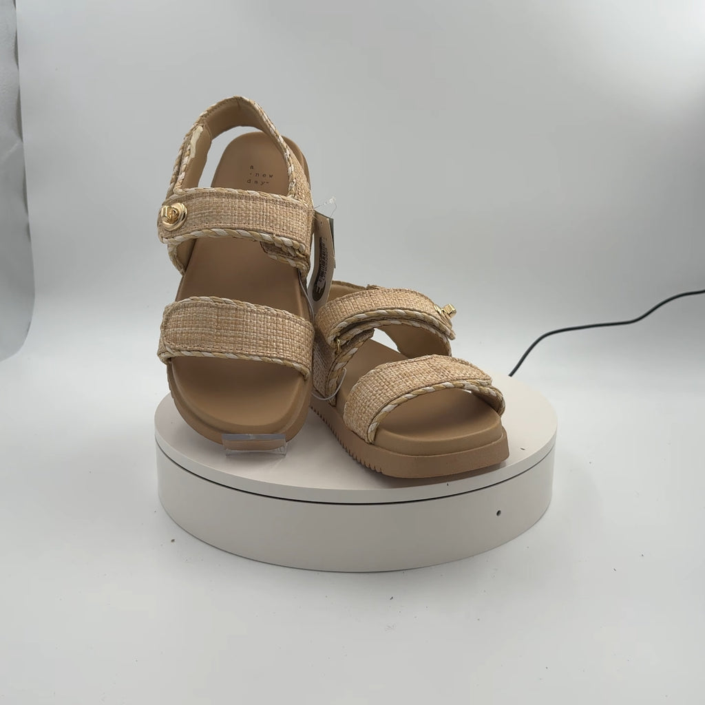 Women's Tilly Raffia Platform Footbed Sandals - A New Day Tan 11: Cushioned Insole, Hook And Loop Closure