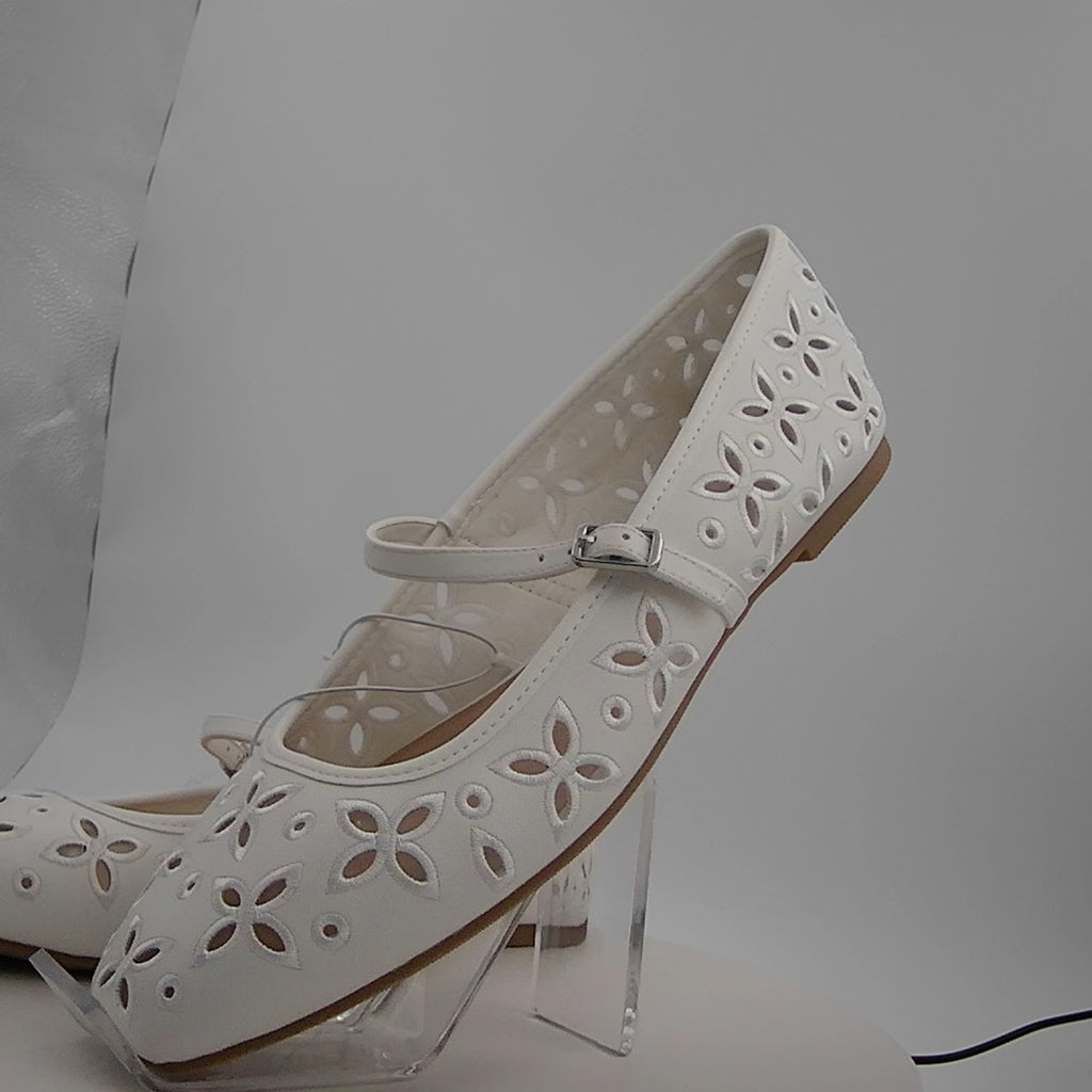 Women's Elsa Eyelet Mary Jane Ballet Flats With Memory Foam Insole - Wild Fable White 10: Faux Leather, Buckle Closure, Textured Outsole