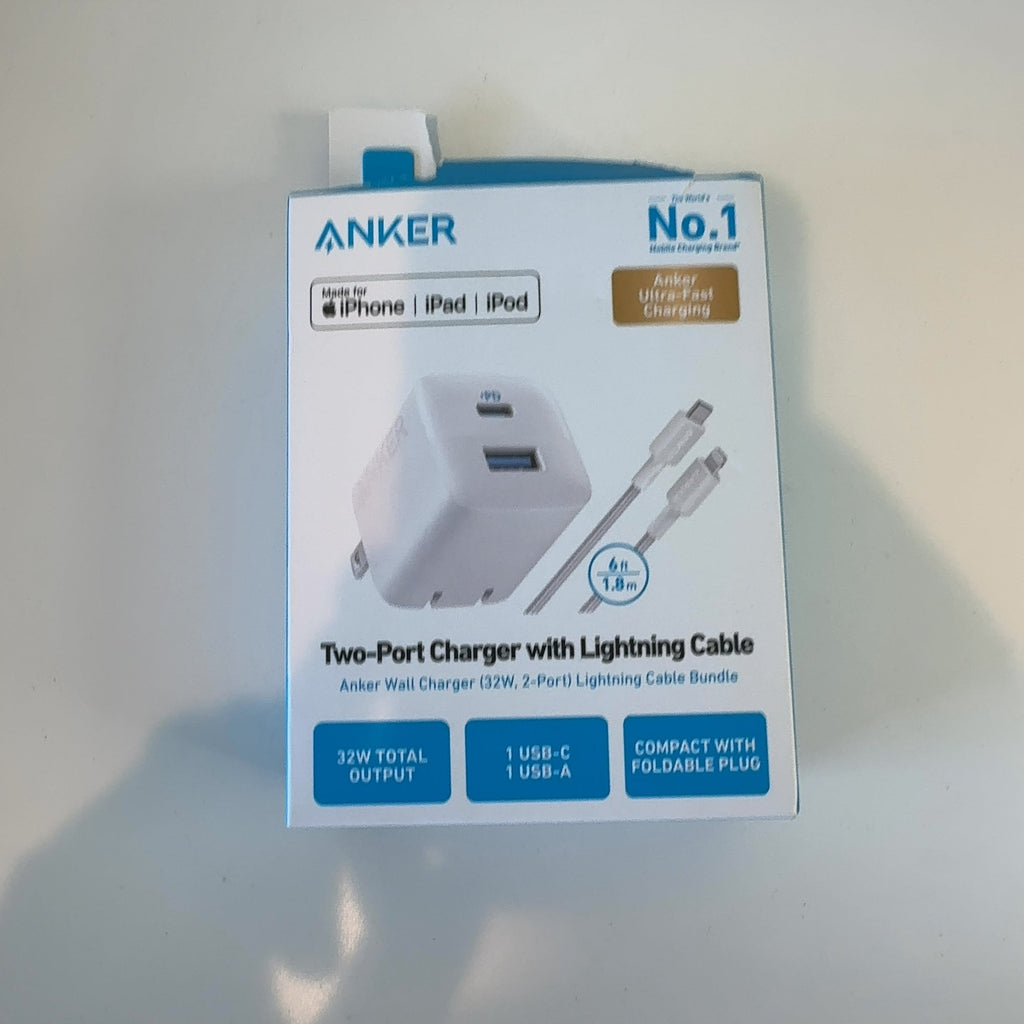 Anker 2-Port 32W Wall Charger With 6' Lightning To Usb-C Cable - White: Quick Charge Usbc Block