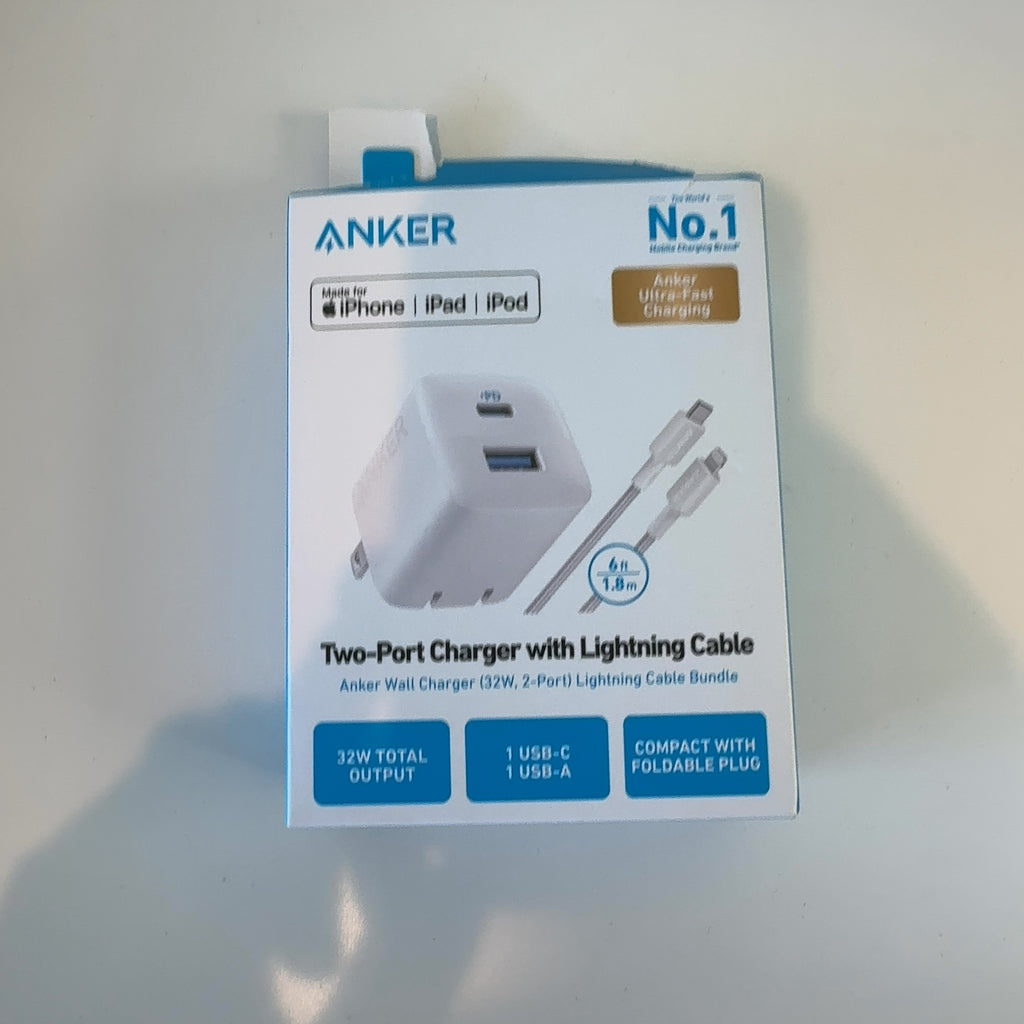 Anker 2-Port 32W Wall Charger With 6' Lightning To Usb-C Cable - White: Quick Charge Usbc Block