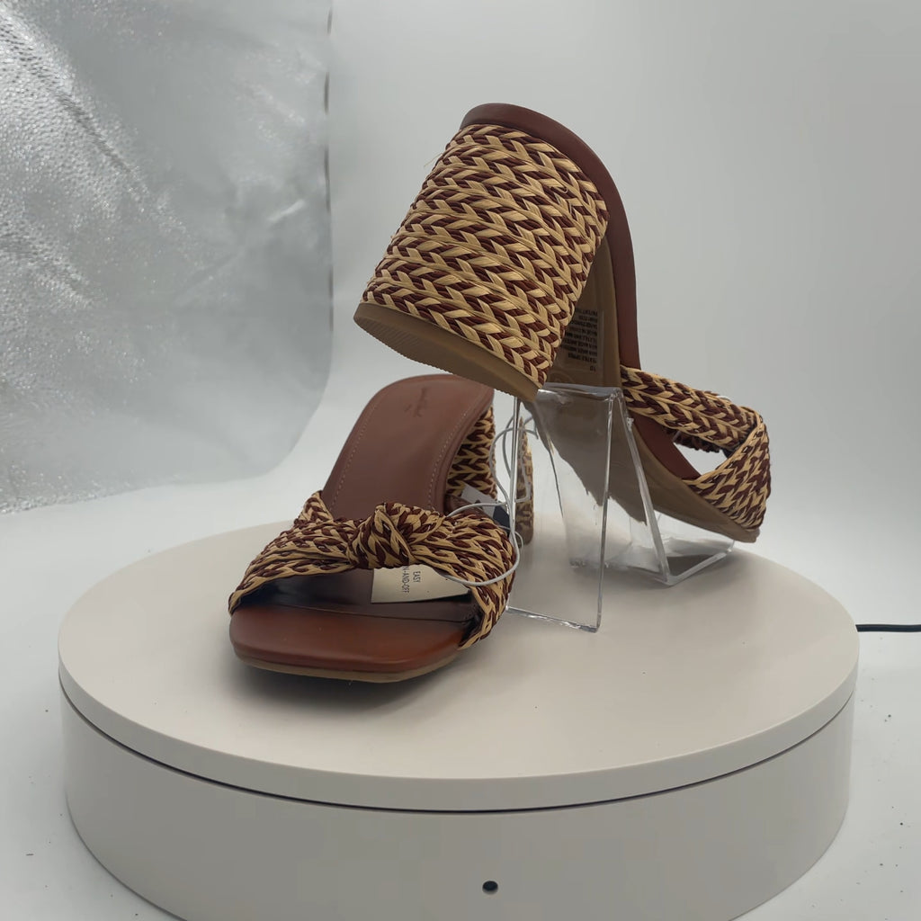 Women's Aaliyah Raffia Strappy Knot Sandal Heels - Universal Thread Cognac 10: Block Heel, Open Square Toe