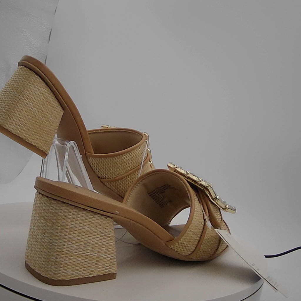 Women's Kathleen Raffia Buckle Block Heels - A New Day Beige 7: Slip-On Open Square Toe, Medium Width