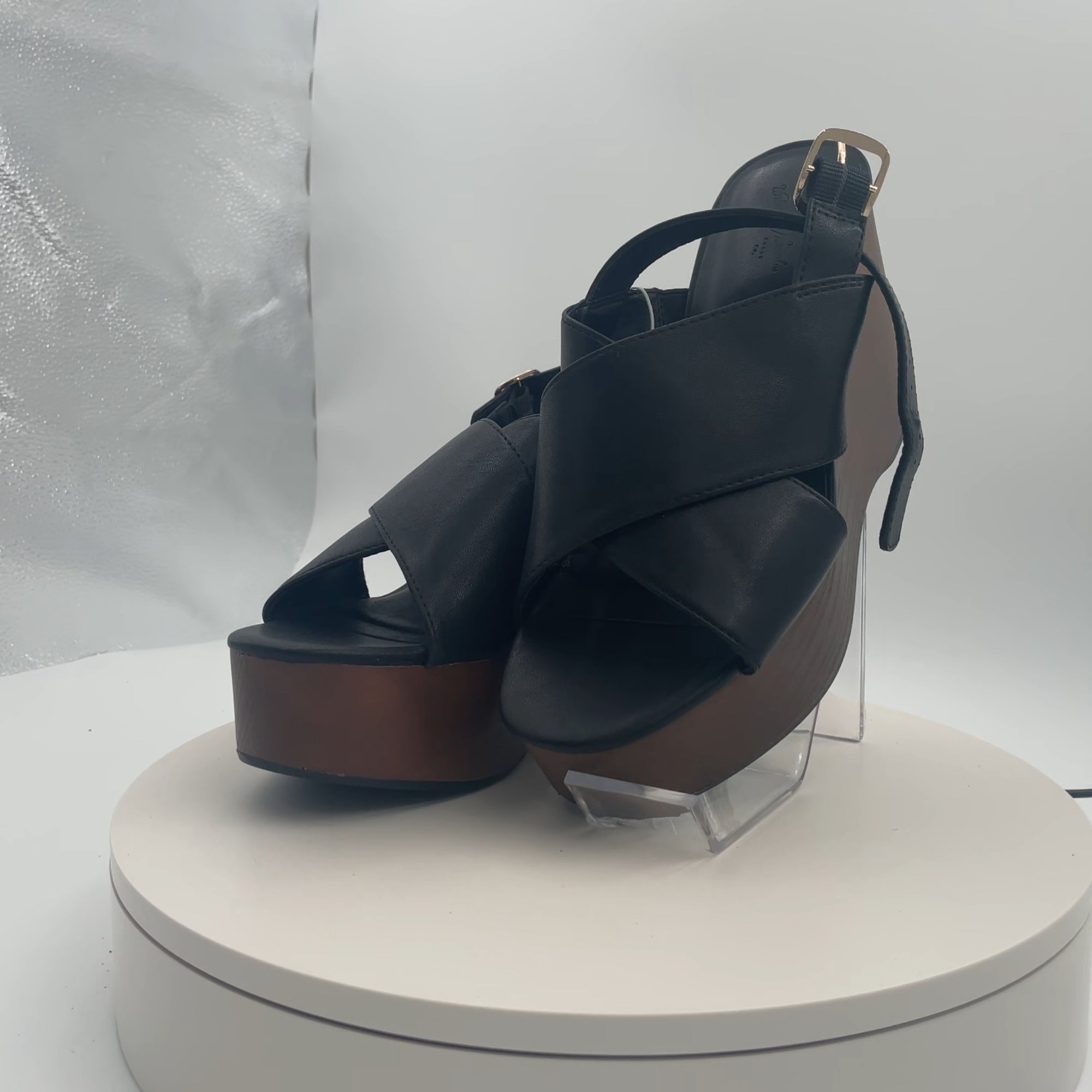Women's Naomi Wood Wedge Heels With Memory Foam Insole - Universal Thread Black 7: Ankle Strap, Open Toe