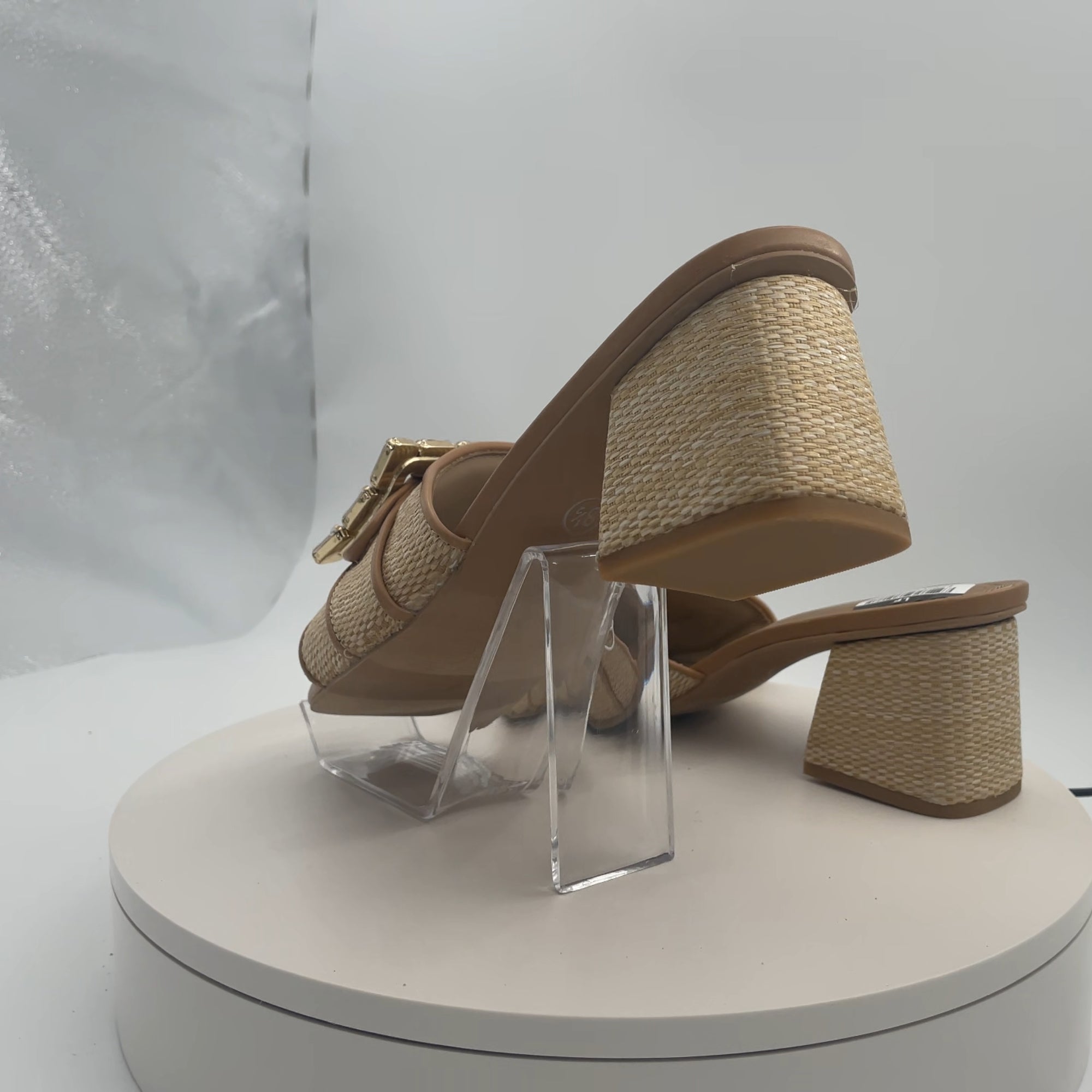 Women's Kathleen Raffia Buckle Block Heels - A New Day Beige 8.5: Slip-On Open Square Toe Pumps