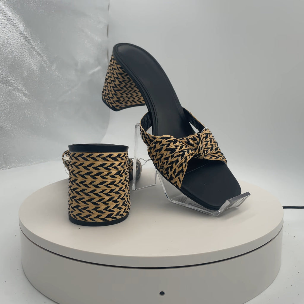 Women's Aaliyah Raffia Strappy Knot Sandal Heels - Universal Thread Black 11: Open Toe, Block Heel, Slip On, Square Toe