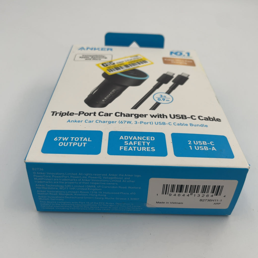 Anker 3-Port 67W Car Charger With 3' Usb-C To Usb-C Cable - Black: Quick Charge, Usb-C Connection
