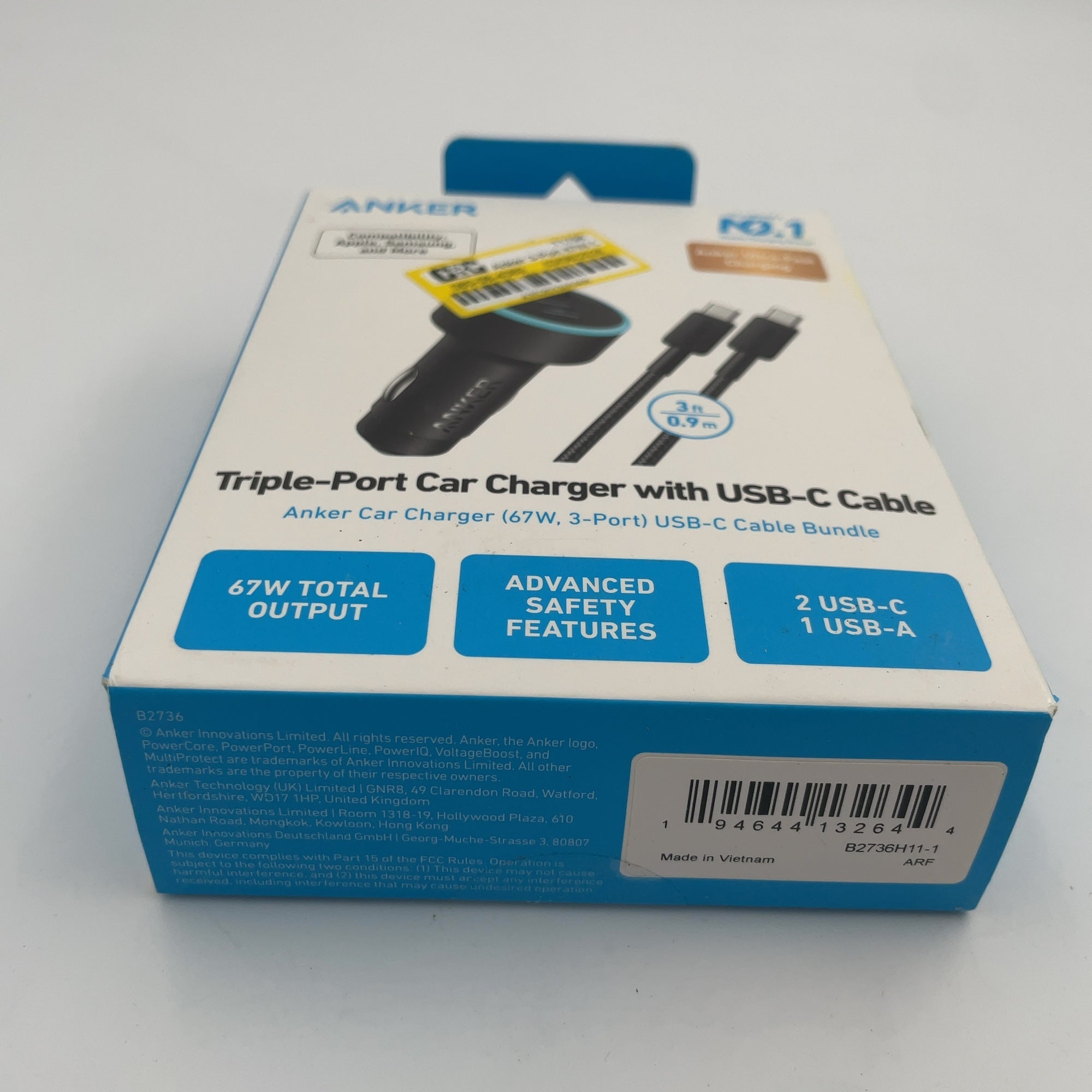 Anker 3-Port 67W Car Charger With 3' Usb-C To Usb-C Cable - Black: Quick Charge, Usb-C Connection