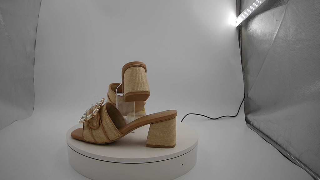 Women's Kathleen Raffia Buckle Block Heels - A New Day Beige 7.5: Slip-On, Open Square Toe, Textured Outsole, Medium Width