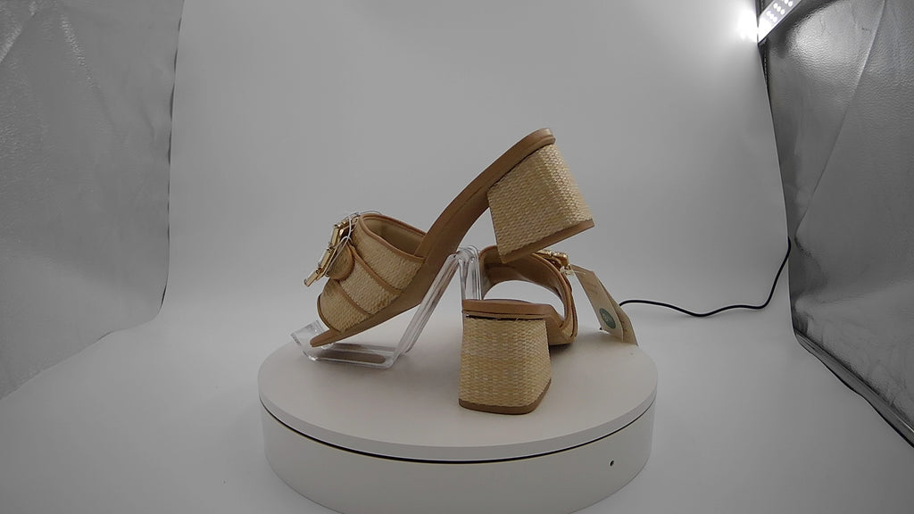 Women's Kathleen Raffia Buckle Block Heels - A New Day Beige 9.5: Slip-On Open Square Toe, Medium Width