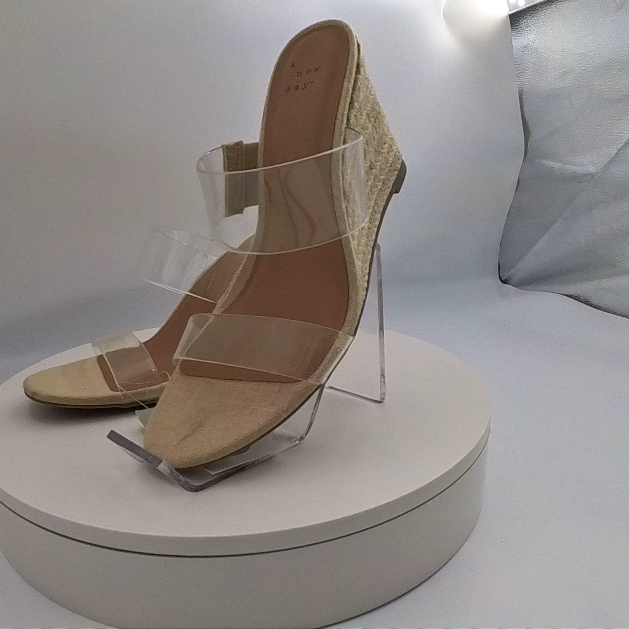 Women's Ansel Double Band Open Toe Wedge Heels With Memory Foam Insole - A New Day Tan 7.5: Slip-On, Platform Heel