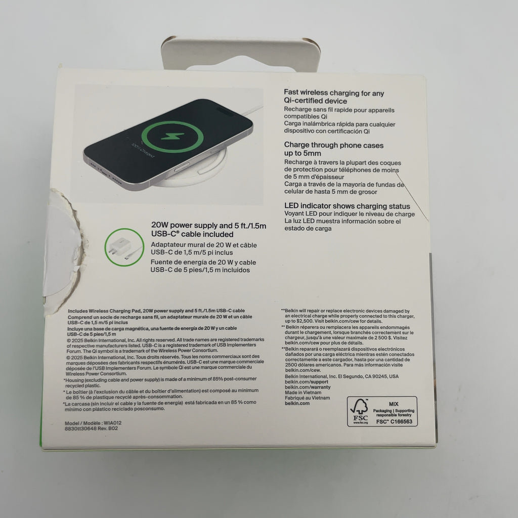 Belkin 15W Qi Charging Pad - White: MagSafe Compatible, USB-C Connection, Quick Charge
