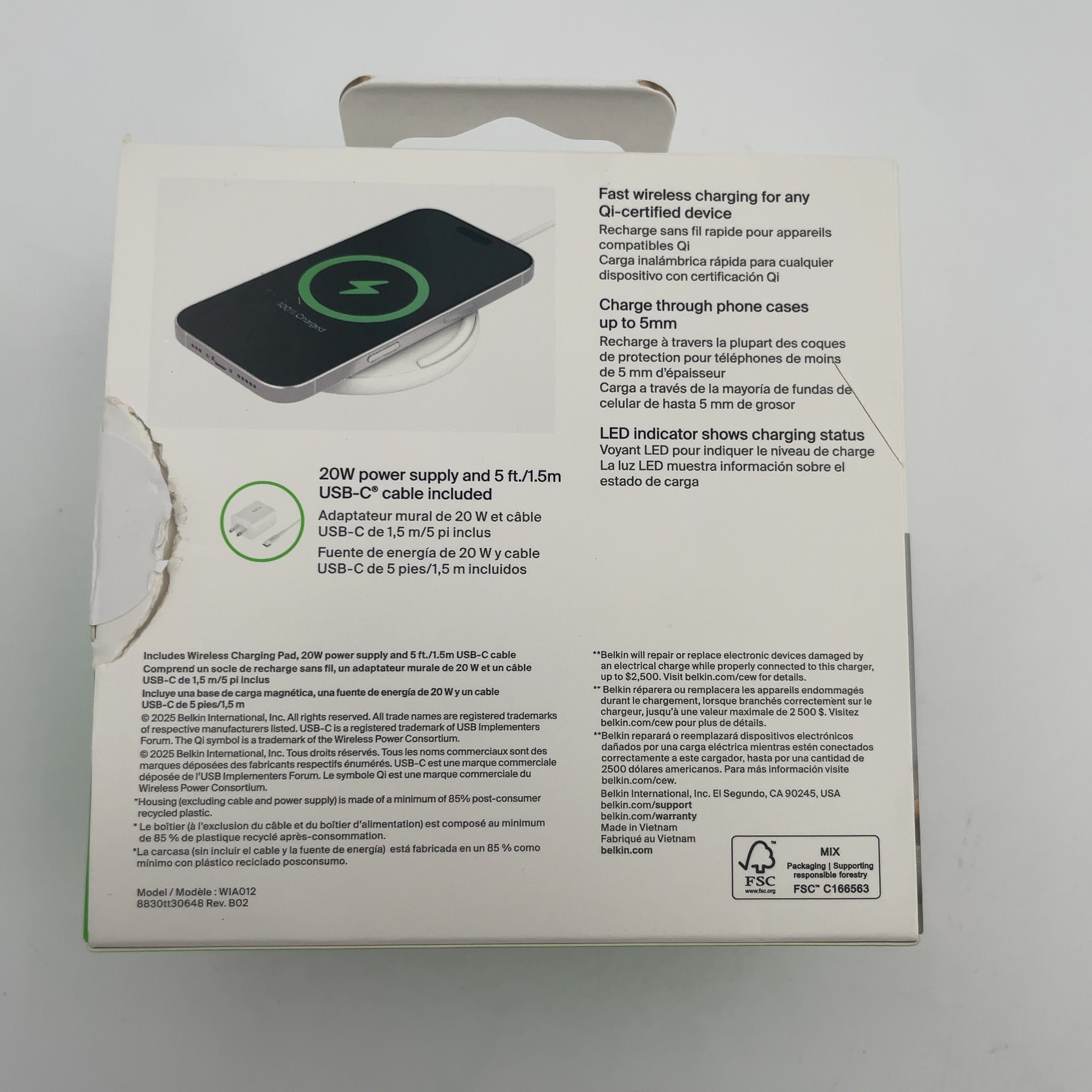 Belkin 15W Qi Charging Pad - White: MagSafe Compatible, USB-C Connection, Quick Charge