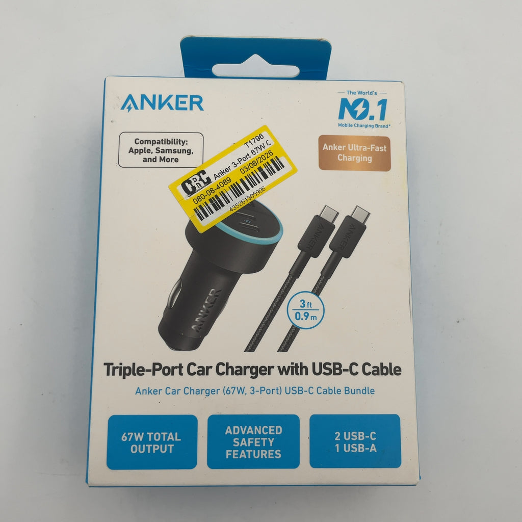 Anker 3-Port 67W Car Charger With 3' Usb-C To Usb-C Cable - Black: Quick Charge, Usb-C Connection