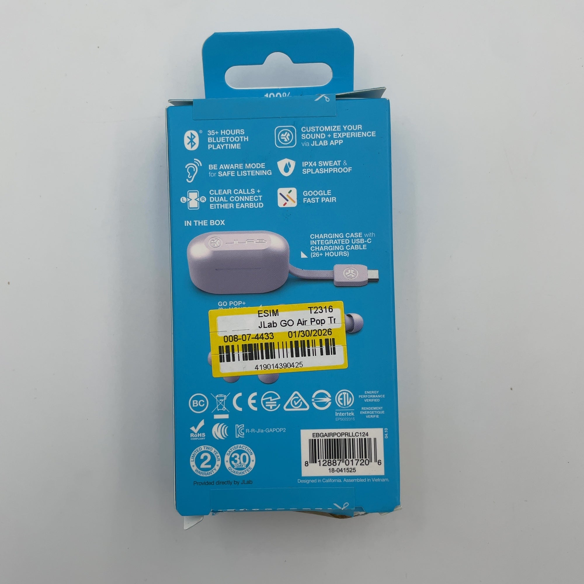 Jlab Go Air Pop True Wireless Bluetooth Earbuds - Lilac: Built-In Microphone, Sweat-Resistant