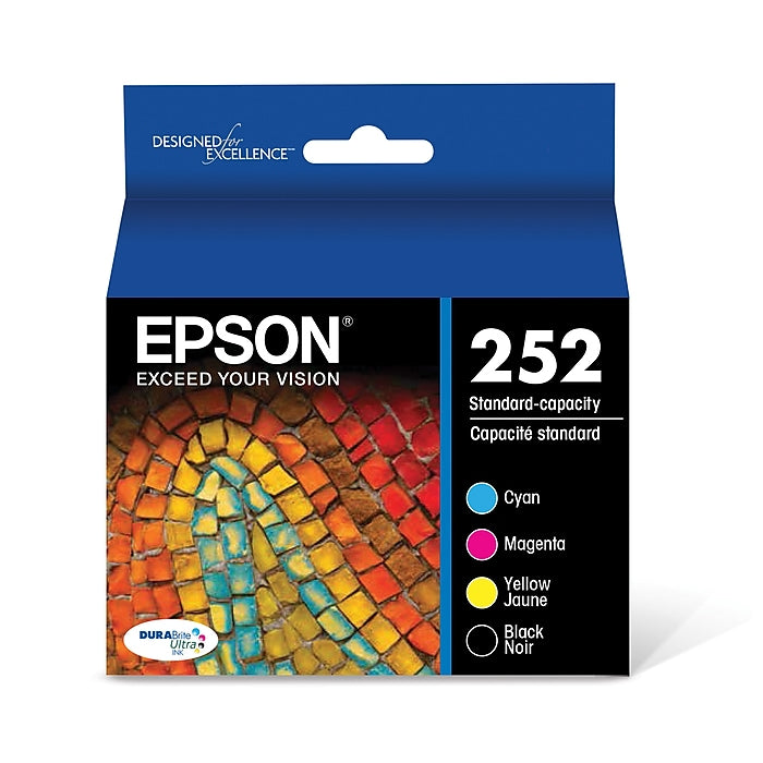 Epson 252 Black, C/M/Y 4pk Combo Ink Cartridges - Black, Cyan, Magenta, Yellow (T252120-BCS): Standard Yield, 4 Colors, Printer Ink Combo Pack (Please be advised that sets may be missing pieces or otherwise incomplete.)