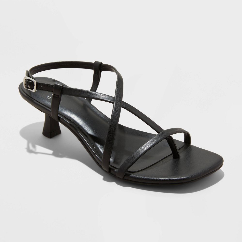 Women's Reggie Toe Thong Strappy Kitten Heels - A New Day Black 8: Faux Leather, Cushioned Insole